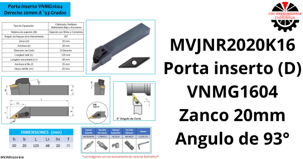 Porta inserto (D) VNMG1604 Zanco 20mm Angulo de 93°