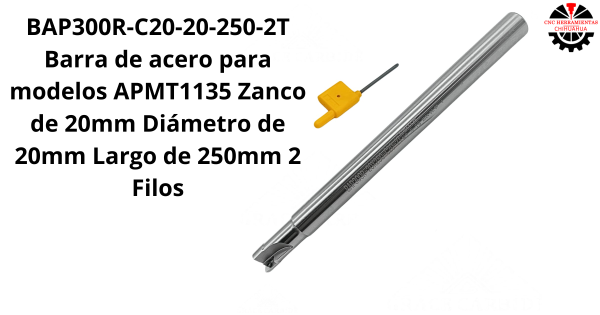 Barra de acero para modelos APMT1135 Zanco de 20mm Diámetro de 20mm Largo de 250mm 2 Filos