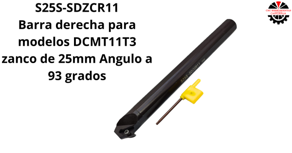 Barra derecha para modelos DCMT11T3 zanco de 25mm Angulo a 93 grados